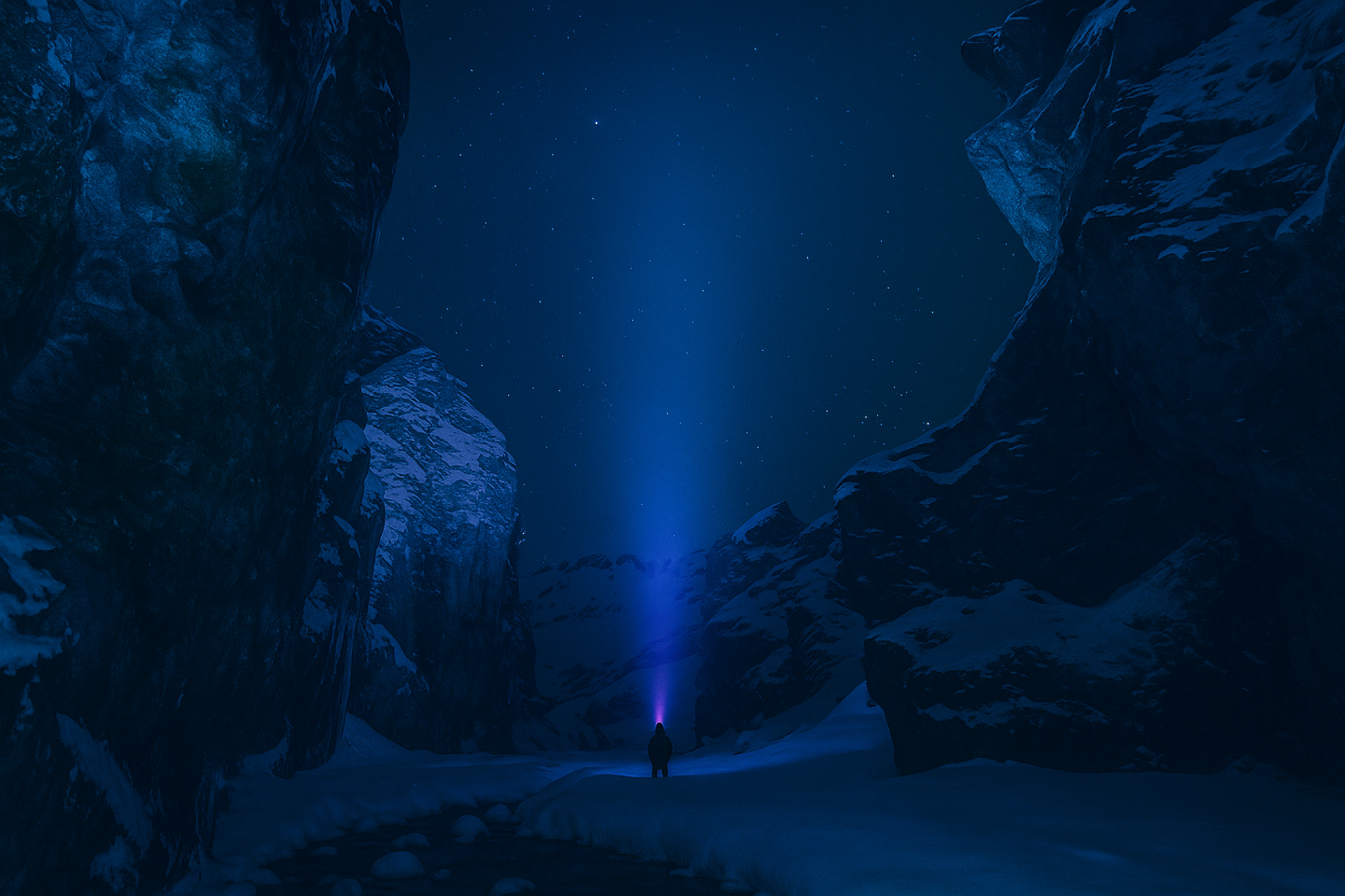 A dark mountain range picture with What's New written on top the night sky filled with stars.