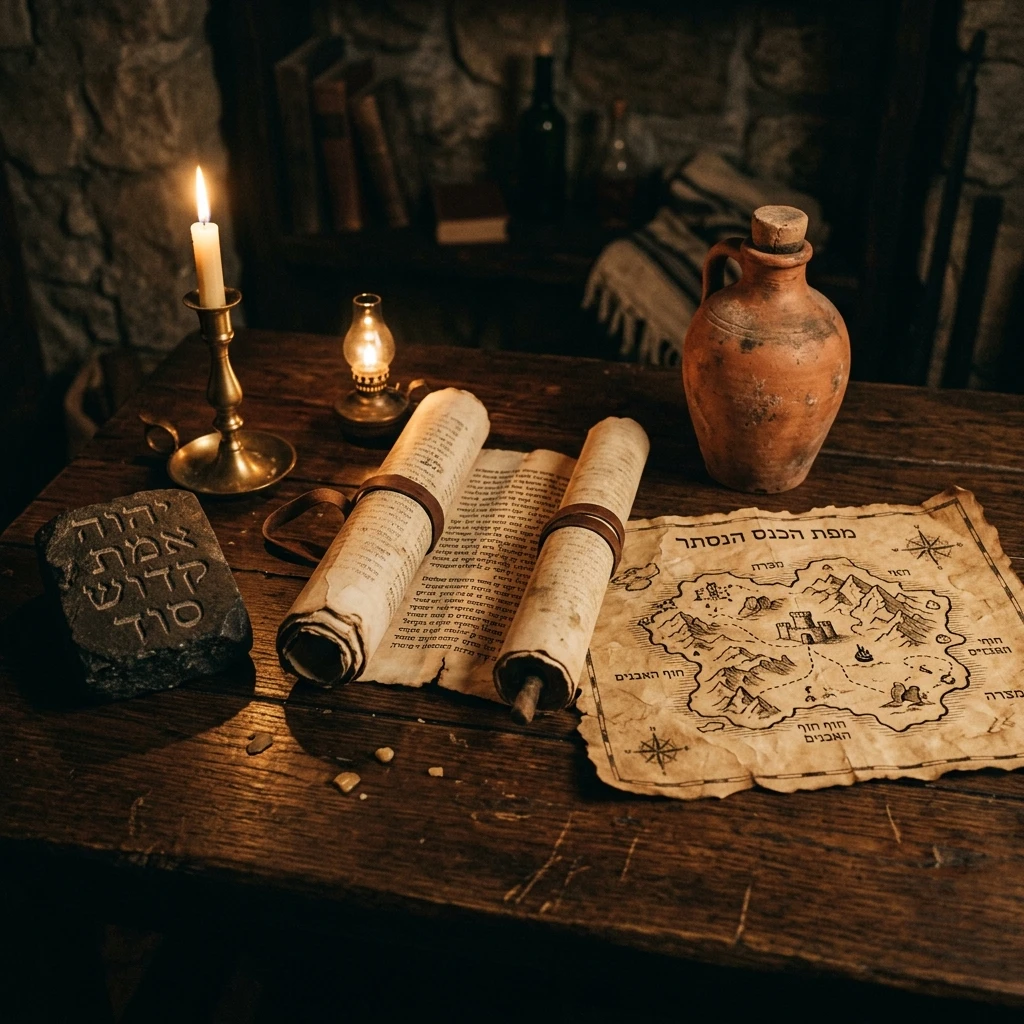 An unrolled scroll, a clay jar, and a secret map of an island