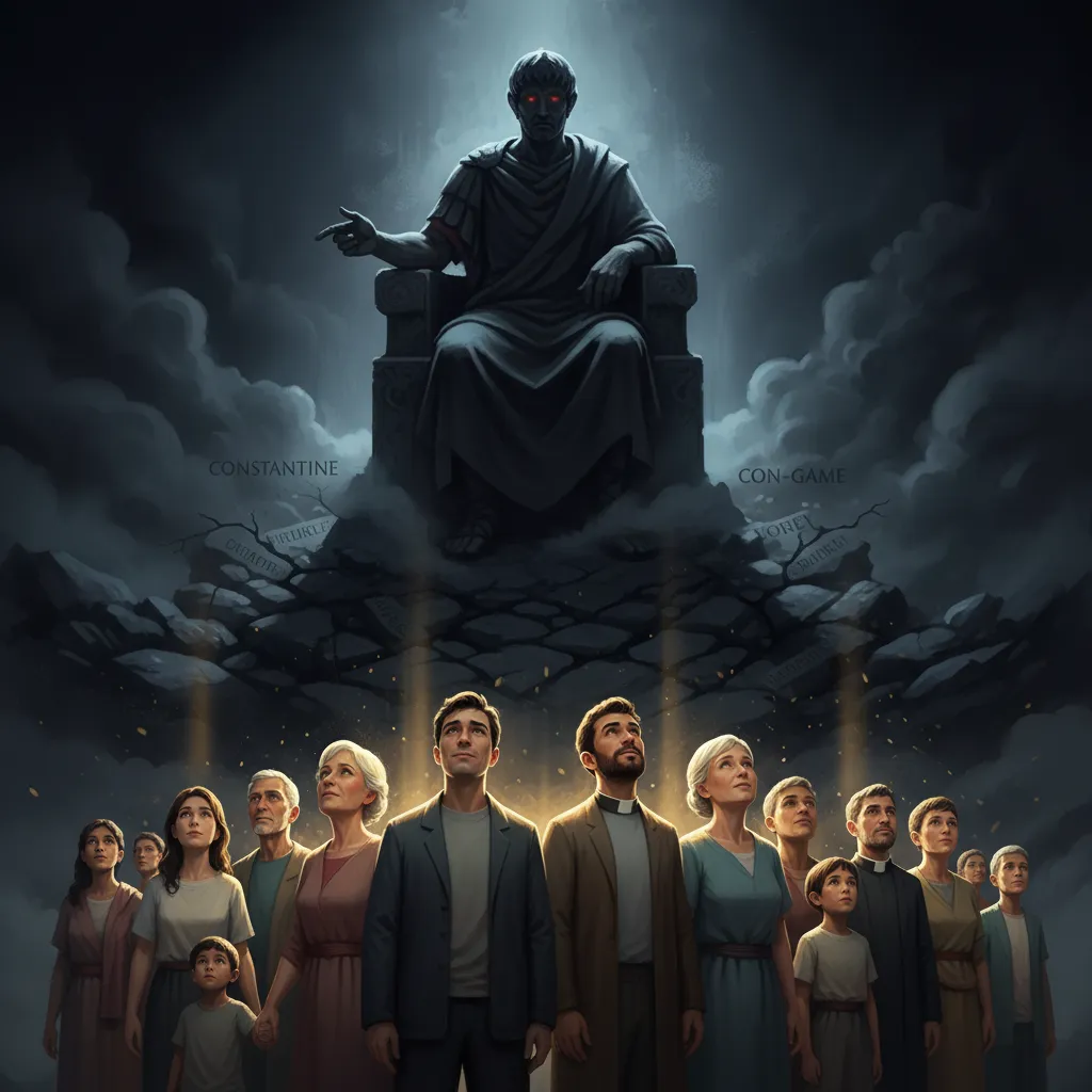 a group of people at  the foot of a man in a throne